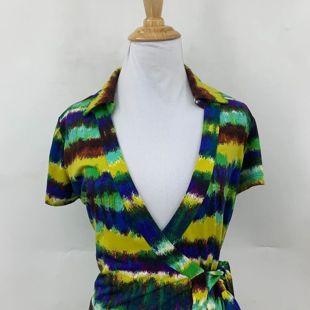 Calvin Klein Tie Dye Wrap Womens 4 Cap Sleeve Plunge V Neck Collar Waist Tie